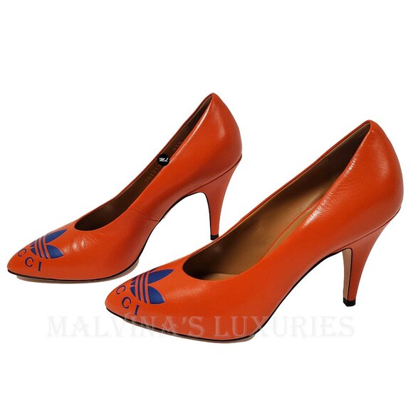 GUCCI SHOES ADIDAS X TREFOIL ORANGE LEATHER PUMPS w LOGO sz 37 / 7 - Picture 7 of 16